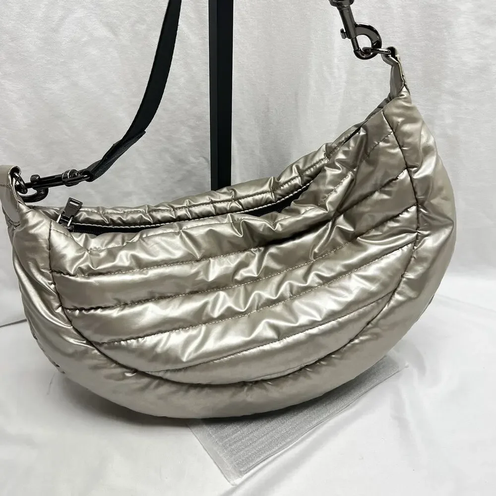 Think Royln Elton Hobo Designer Crossbody Silver Puffer Handbag Half-Moon - Picture 2 of 11